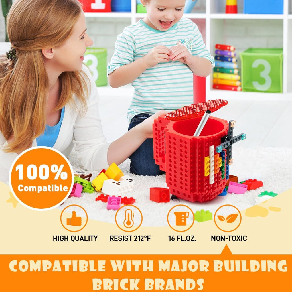 Building Block Coffee Mug – Funny Novelty Cup with Lid & Straw, Creative Toy Mug Gift for Adults & Kids (Red)