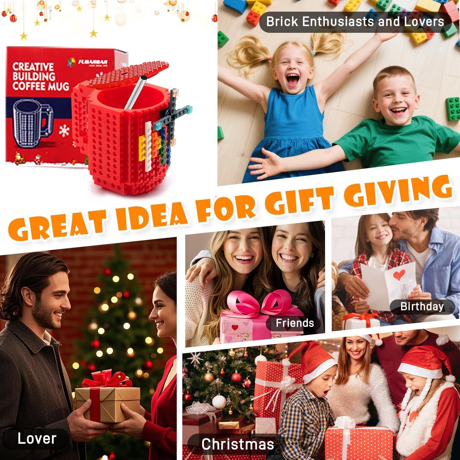 Building Block Coffee Mug – Funny Novelty Cup with Lid & Straw, Creative Toy Mug Gift for Adults & Kids (Red)