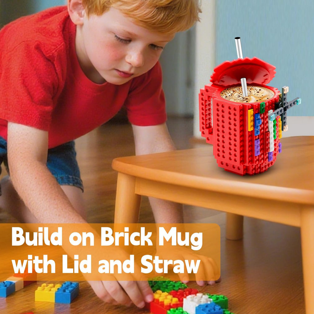 Building Block Coffee Mug – Funny Novelty Cup with Lid & Straw, Creative Toy Mug Gift for Adults & Kids (Red)