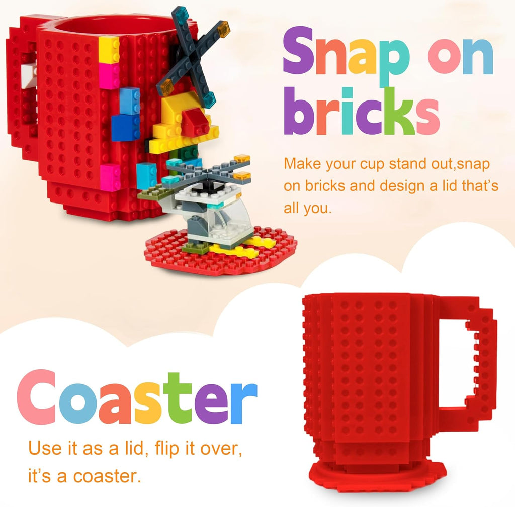 Building Block Coffee Mug – Funny Novelty Cup with Lid & Straw, Creative Toy Mug Gift for Adults & Kids (Red)