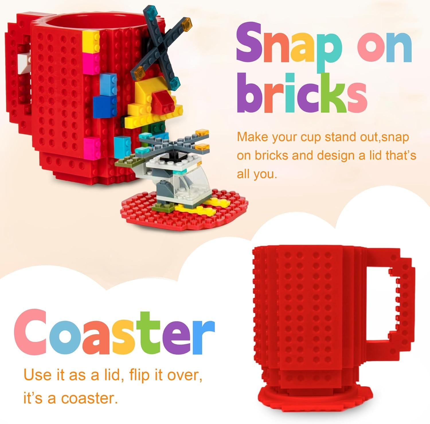Building Block Coffee Mug – Funny Novelty Cup with Lid & Straw, Creative Toy Mug Gift for Adults & Kids (Red)