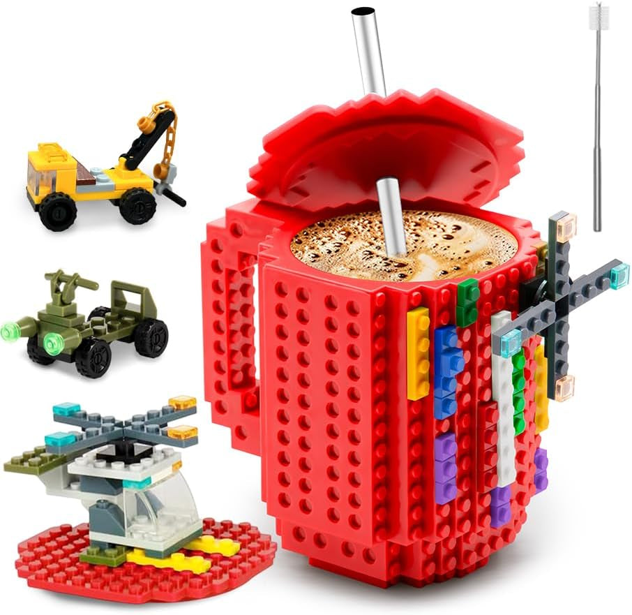 Building Block Coffee Mug – Funny Novelty Cup with Lid & Straw, Creative Toy Mug Gift for Adults & Kids (Red)