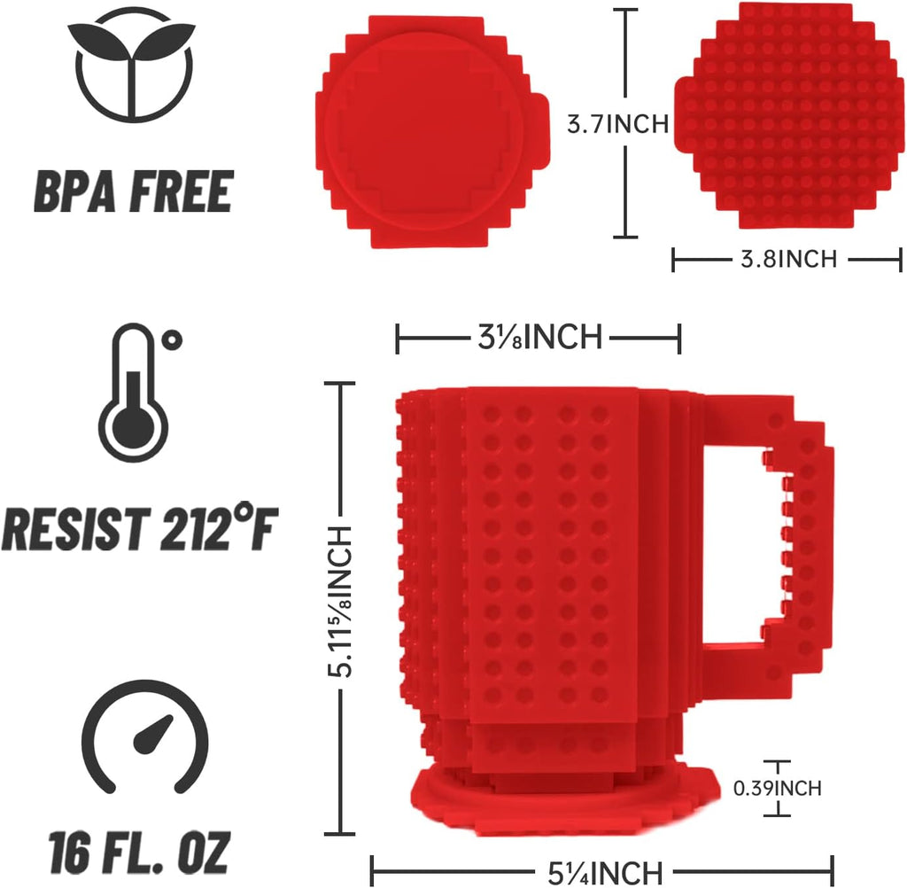 Building Block Coffee Mug – Funny Novelty Cup with Lid & Straw, Creative Toy Mug Gift for Adults & Kids (Red)